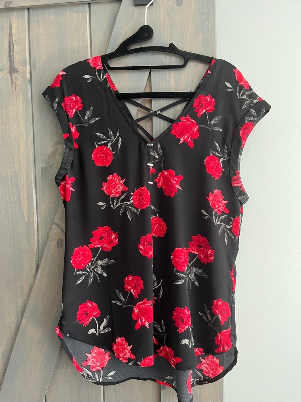 Dynamite Black Blouse with Red Floral Print and Crisscross Back